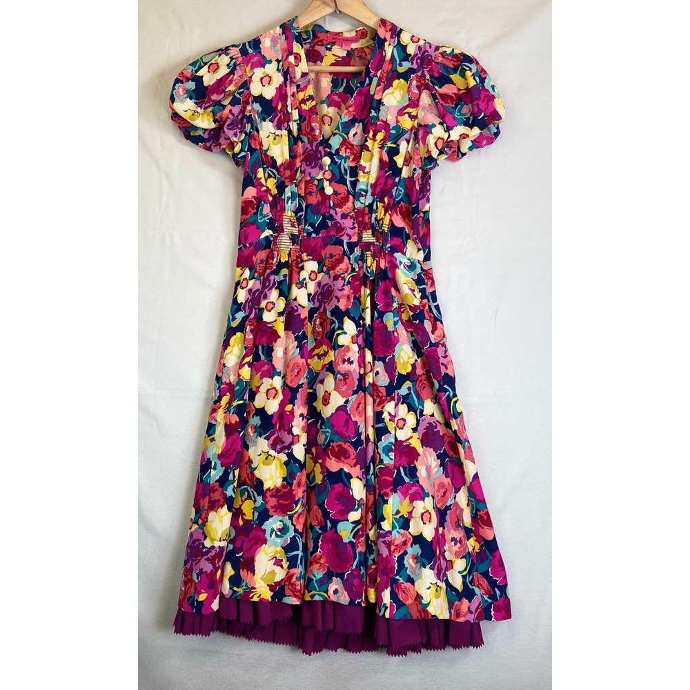 Betsey Johnson Women Silk Floral Midi Dress 6 Puff Sleeve Fit Flare Romantic USA